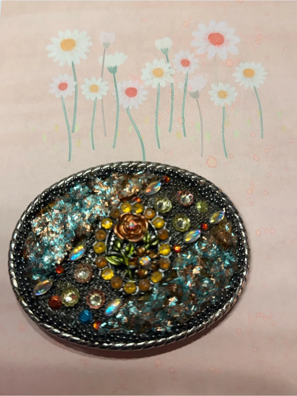 Handcrafted Floral Mosaic Oval Belt Buckle in Teal and Gold